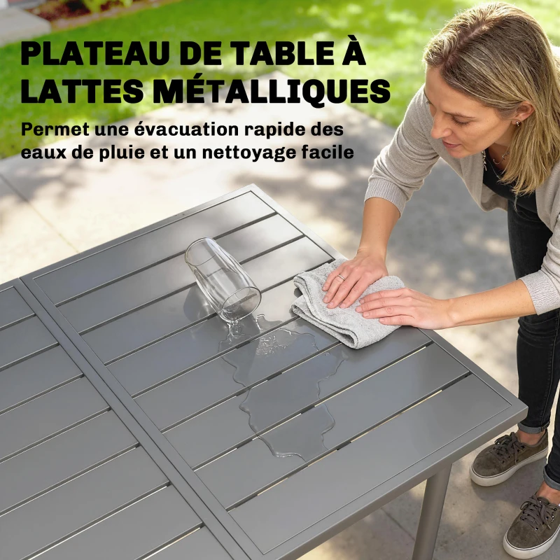 Outsunny Table de jardin pour 6 personnes, 165 x 80 cm, table à manger extérieure rectangulaire avec plateau à lattes en métal