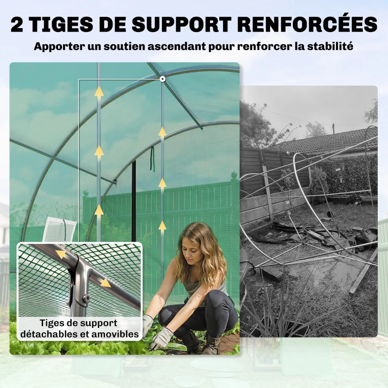 Outsunny Serre tunnel de jardin 12m², serre de jardin tunnel 295x400x200cm 2 portes et 8 fenêtres bâche PE 140 g/m² vert