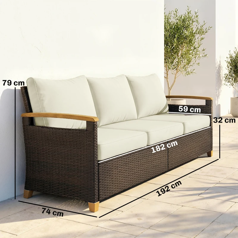 Outsunny Rattan Sofa mit Kissen, 3-Sitzer Gartensofa Loungesofa mit Stahlrahmen für Terrasse Garten 192 x 74 x 79 cm Cremeweiß