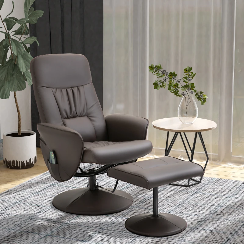 HOMCOM Poltrona Relax com Apoio Poltrona de TV Giratória com 10 Pontos de Massagem Função Reclinável Poltrona de Massagem com Controlo Remoto Bolso Lateral Poltrona de TV Couro Sintético Castanho