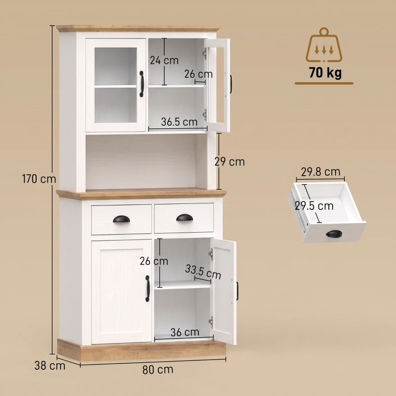 HOMCOM Bufet Înalt pentru Bucătărie, Dulap de Bucătărie, 4 Uşi dintre care 2 din Sticlă, 2 Sertare, Blat de Lucru, Rafturi Reglabile, Alb