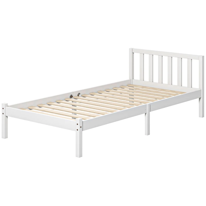 HOMCOM Estrutura de Cama de Solteiro, Cabeceira & Estrado, 26cm de espaço sob a cama, Pinho, 208x96x70 cm, Branco