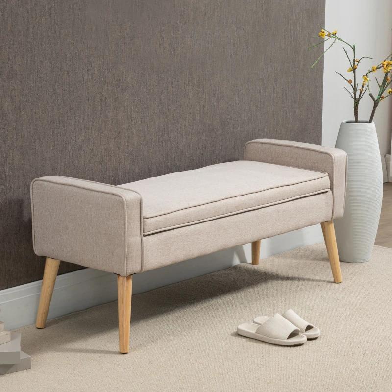 HOMCOM Baúl de Almacenaje Tapizado en Lino con Tapa Abatible y Patas de Madera para Dormitorio Salón 120x45x54 cm Beige
