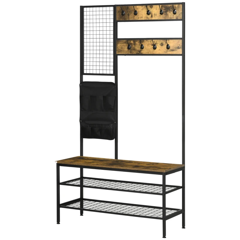 HOMCOM Cabideiro em design industrial, 1 quadro de recados, 1 banco para sapatos, 8 ganchos para roupa, 1 bolsa de armazenamento, Preto + Marrom