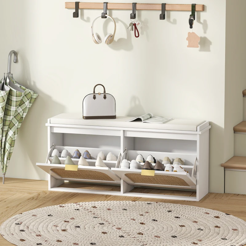 HOMCOM Boho Shoe Bench with Padded Seat and 2 Flip-Drawers - White
