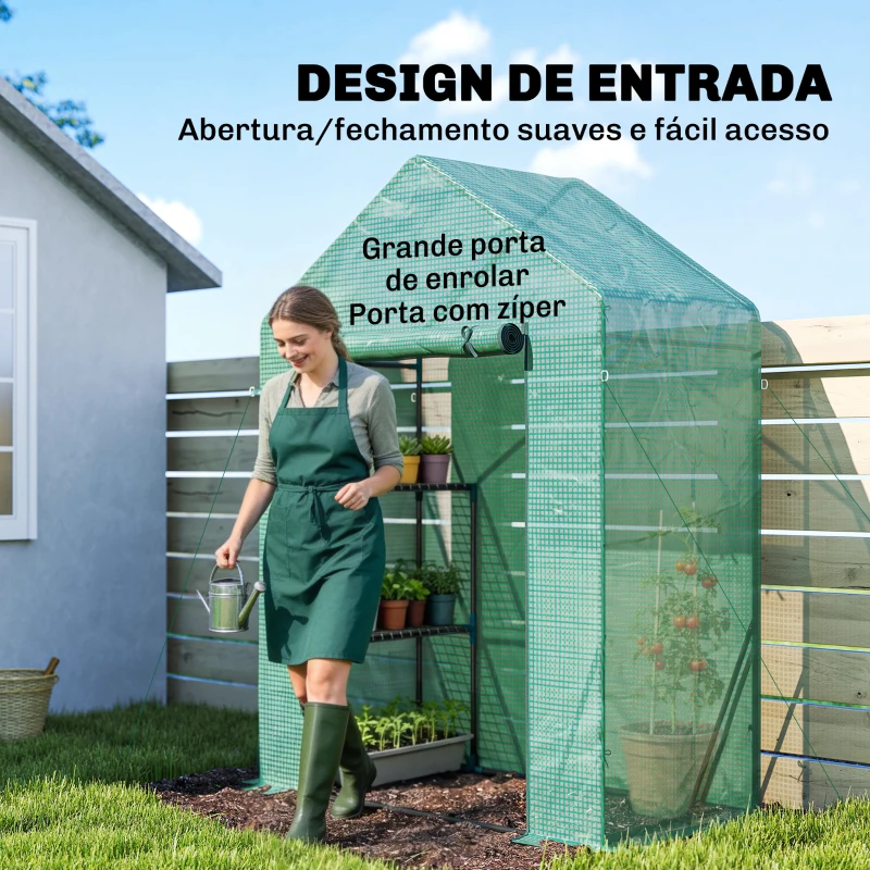 Outsunny Seră de Grădină, Ușă Rulantă, Rafturi 2 Etaje, Structură Oțel, Acoperire PE, 143x73x195 cm, Verde