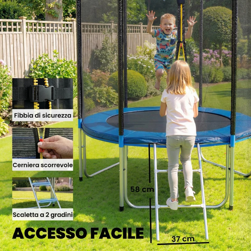 SPORTNOW Trampolino Elastico da Giardino Ø183x200 cm con Rete di Protezione e Scala, in Acciaio e PP, Blu