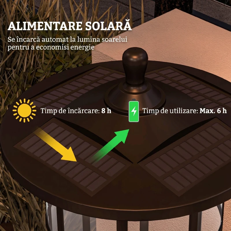 Outsunny Stâlp Solar de Grădină, Înalt de 184cm, cu Lumină LED Alb Rece și IP44, Negru