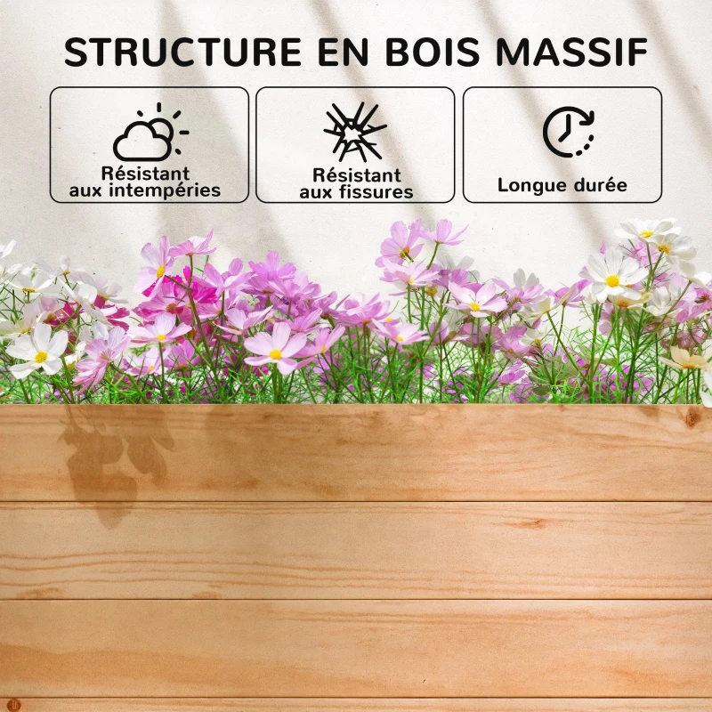 Outsunny Jardinière surélevée avec treillis latéral et supérieur, bac à fleurs trous de drainage, 200x44x113,5cm, bois naturel
