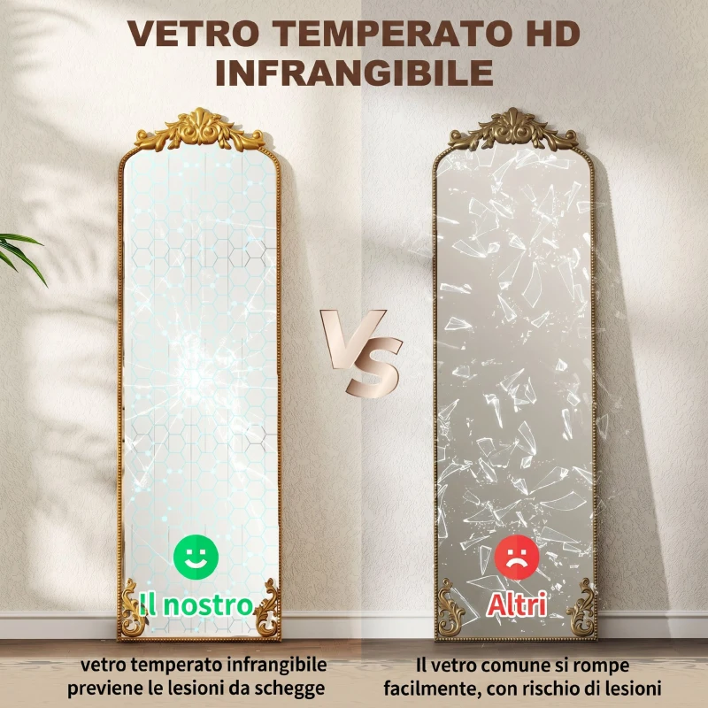HOMCOM Specchio a Figura Intera in Stile Barocco con Cornice, in Vetro Temperato e Metallo, 50x4.5x160 cm, Oro
