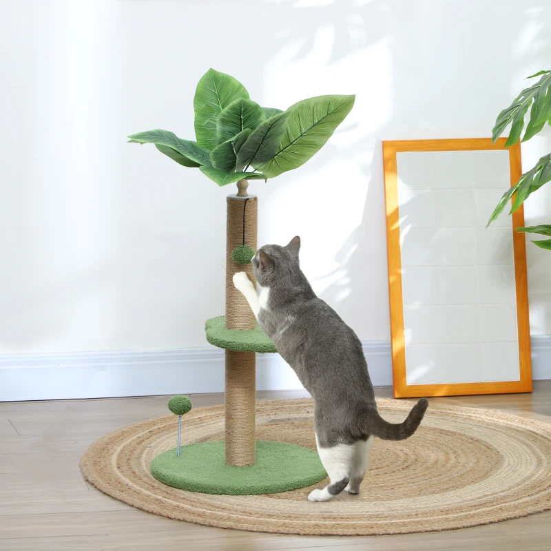 PawHut Árbol Rascador para Gatos 83 cm con Hojas Artificiales, Poste de Yute, Plataformas de Felpa, 2 Juguetes de Bolas, Verde
