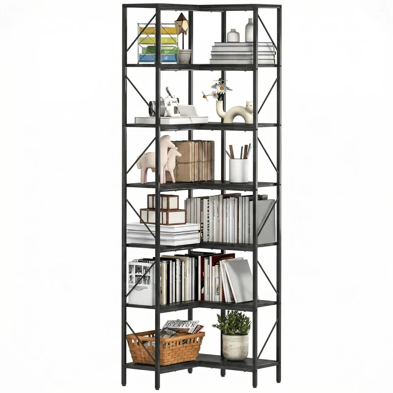 HOMCOM Bibliothèque d'angle à 7 niveaux industriel avec étagères de rangement, 60 x 60 x 198 cm, noir