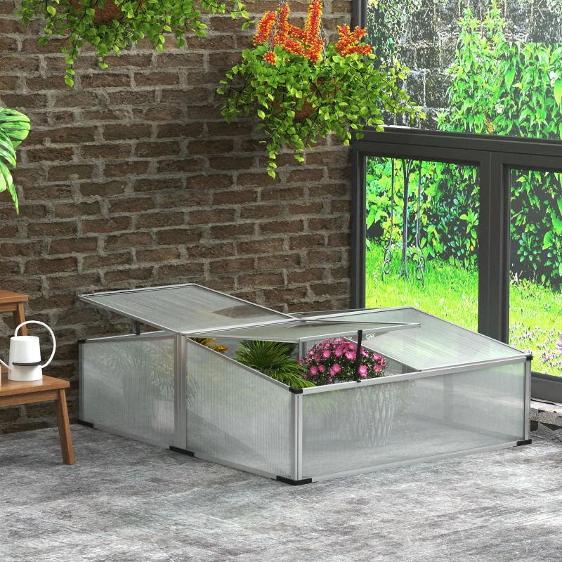 Outsunny Invernadero de Jardín 120x100x41 cm Policarbonato y Aluminio con 4 Techos Abatibles Vivero Casero para Cultivos Plantas Flores Transparente y Plata