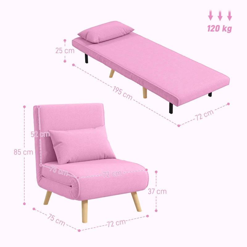 HOMCOM Sofá Cama Individual Plegable con Respaldo Ajustable 5 Posiciones Sillón Cama Tapizado con Cojín 72x75x85 cm Rosa