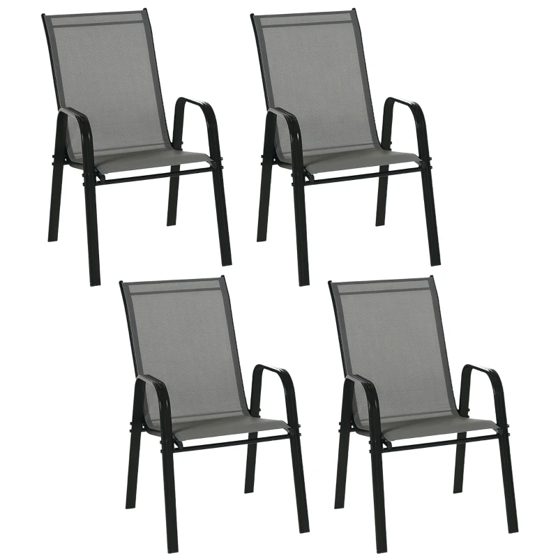 Outsunny 4-Piece Garden Chairs Set - Stackable Outdoor Chairs with High Backrest and Armrests, Breathable Mesh Fabric Dining Chair Set of 4, Dark Grey
