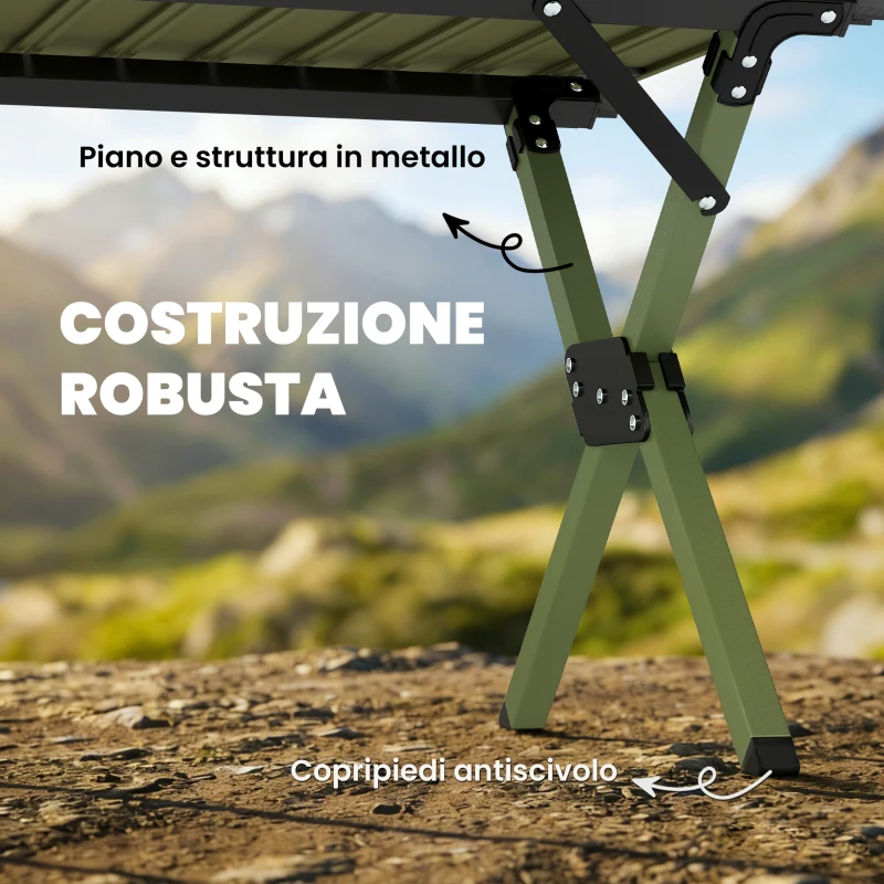 Outsunny Tavolo da Campeggio Pieghevole 116 cm, Tavolo da Picnic Impermeabile con Piano Arrotolabile e Struttura in Metallo, Portatile per Giardino, Parco, BBQ, Verde