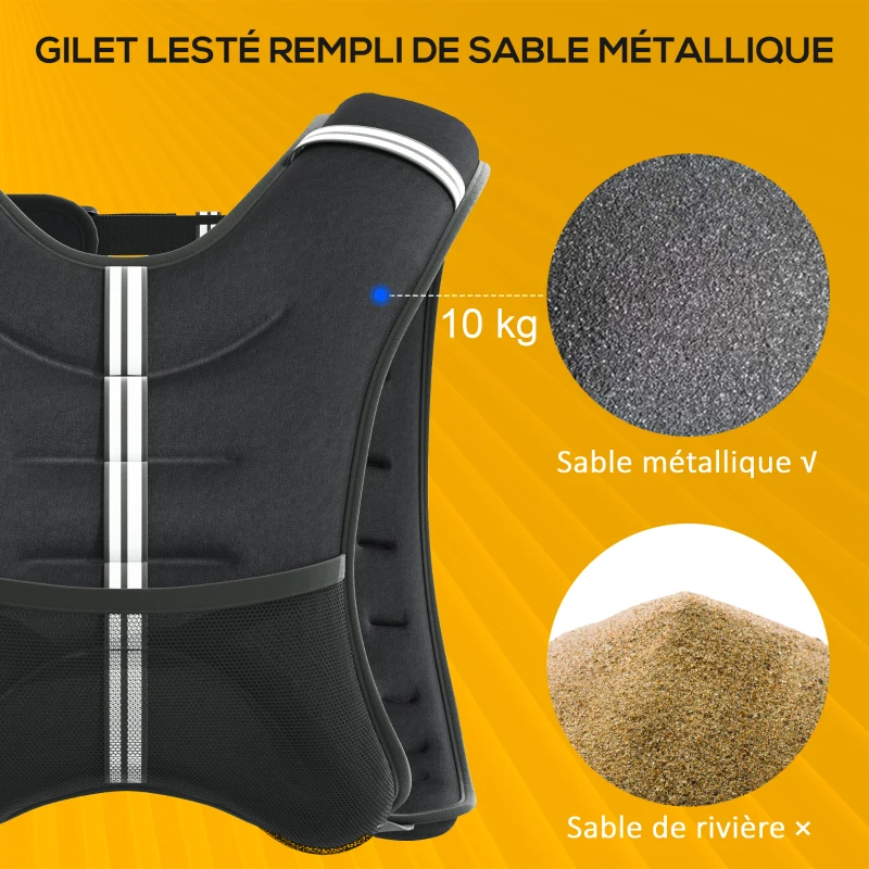 HOMCOM Gilet lesté de 10 kg, veste lestée, pour homme et femme, avec poche de rangement, tissu Oxford, sable métallique, noir