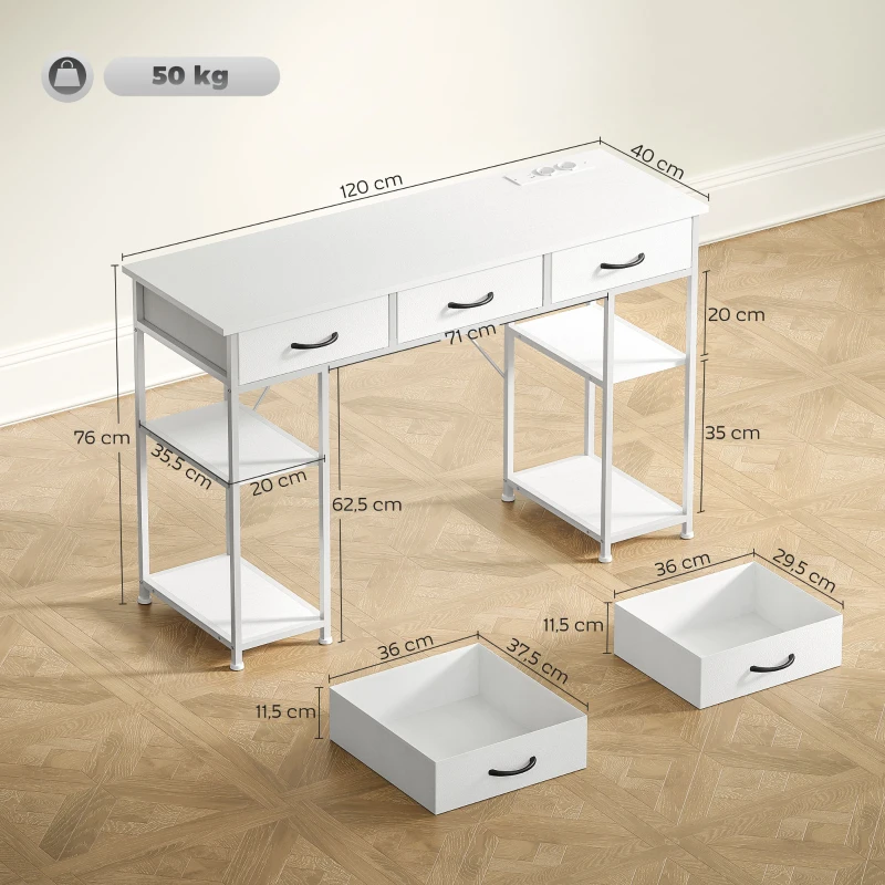 HOMCOM Schreibtisch Küchentisch mit 2 USB-Ladeanschlüssen 2 Steckdosen verstellbare Regale 3 Stoffschubladen 120x40x76 cm Weiß