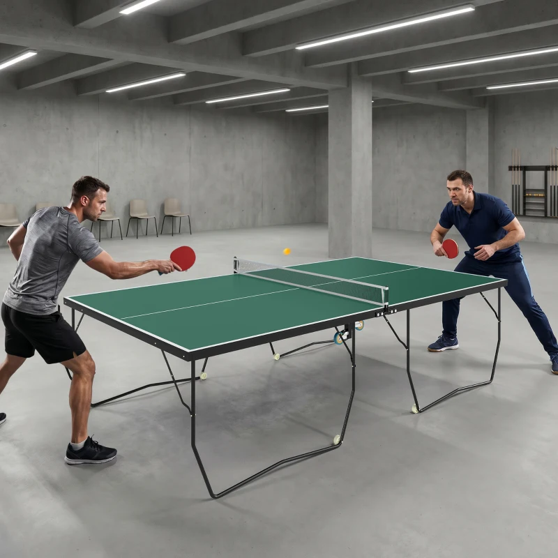 SPORTNOW 9FT Folding Table Tennis Ping Pong Table, Indoor Game Table w/ 8 Wheels, 2 Bats, 3 Balls for Indoor Use, Green