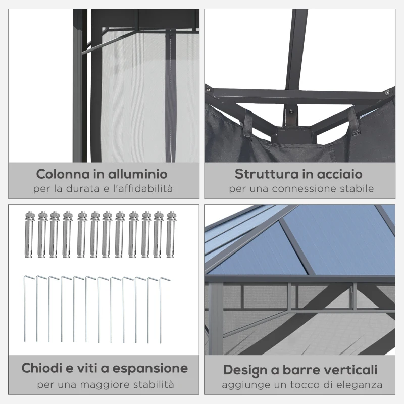 Outsunny Gazebo da Giardino 4x3m con Zanzariere e Tetto in Policarbonato, Grigio