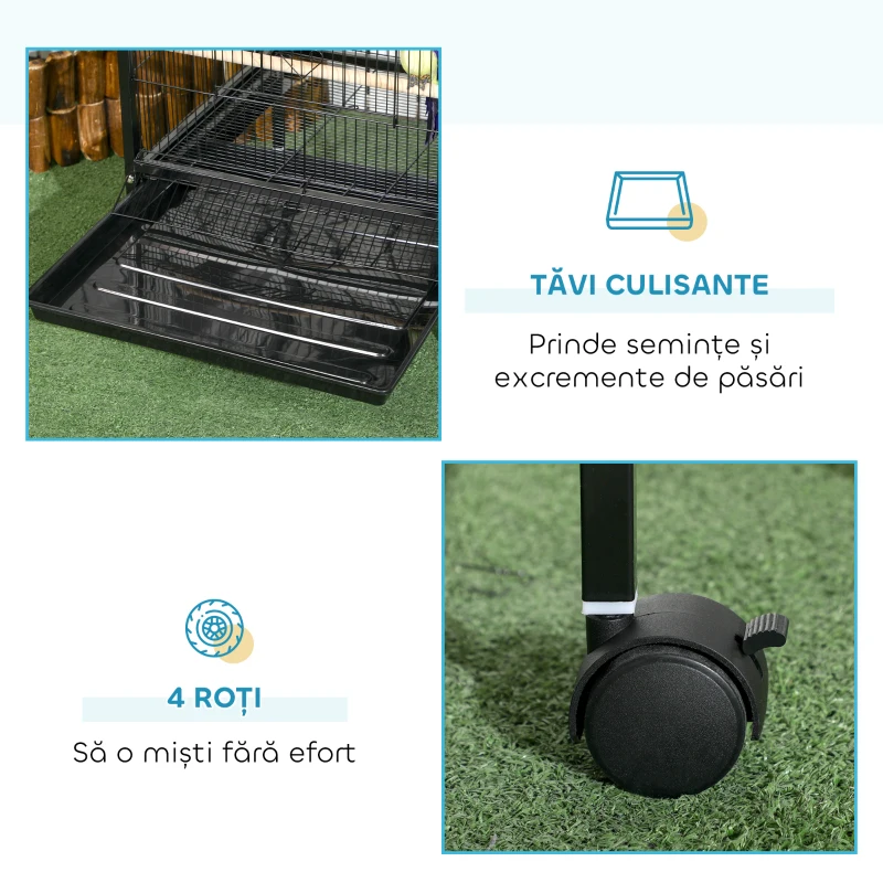 PawHut Colivie Volieră pentru Păsări de Interior cu Roți și Tăvi Detasabile, 51.5x50x140 cm, Negru