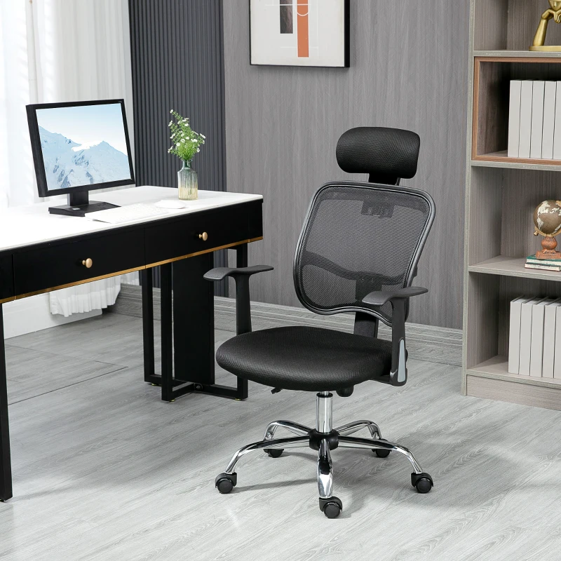 Vinsetto Sedia da Ufficio Ergonomica con Seduta Regolabile e Poggiatesta, in Poliestere e Acciaio, 63x62x106-114 cm, Nero