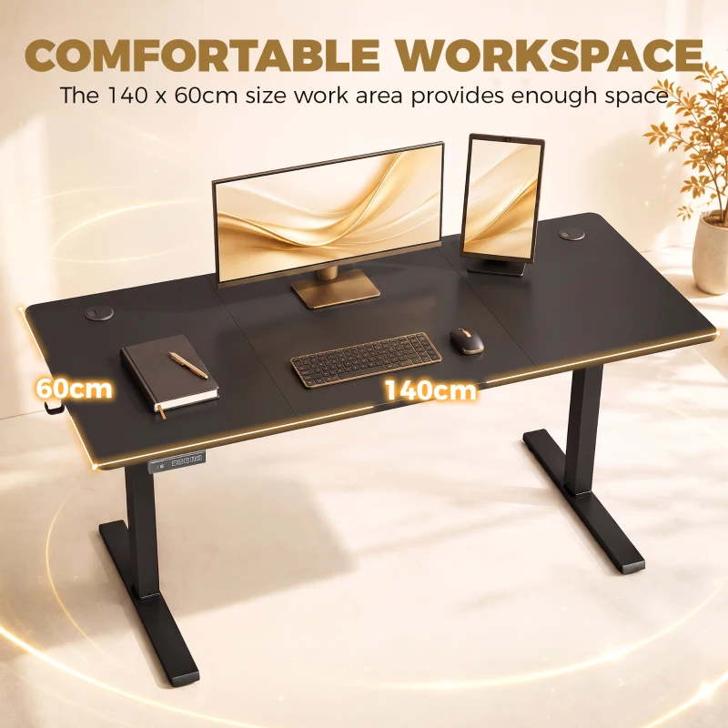 HOMCOM Standing Desk Memory Control Height Adjustable Desk 2 Cable Holes LED Display Sit Stand Desk Black