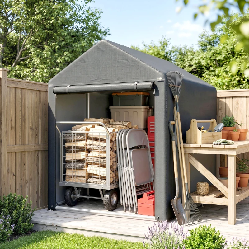 Outsunny Capanno Attrezzi anti UV con Ingresso a Zip, in Acciaio Zincato e Tessuto PE,120x179x165 cm, Grigio Scuro