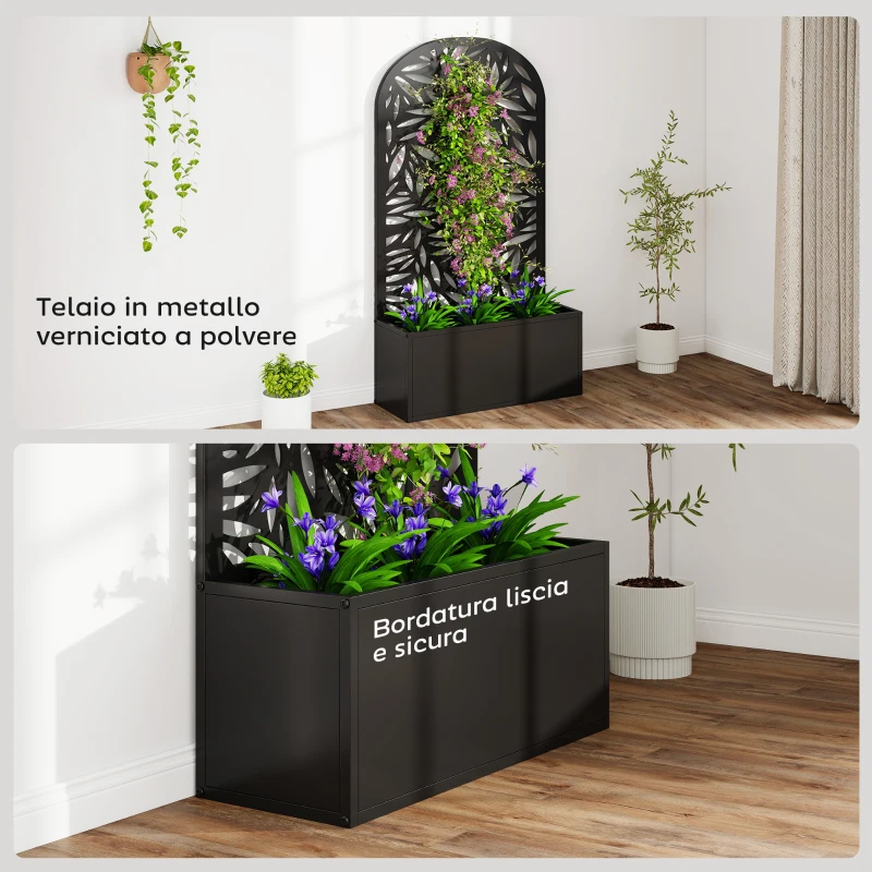 Outsunny Fioriera con Traliccio ad Arco per Rampicanti e Fori di Drenaggio, in Metallo, 61x23x113 cm, Nero