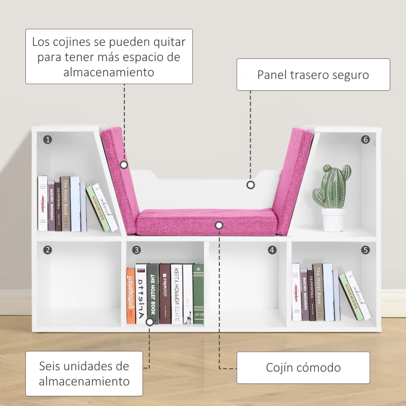 HOMCOM Librería con Asiento Estantería de Libros con 6 Cubos Cojín para Sala de Estar Dormitorio 102x30x61cm Blanco y Rosa