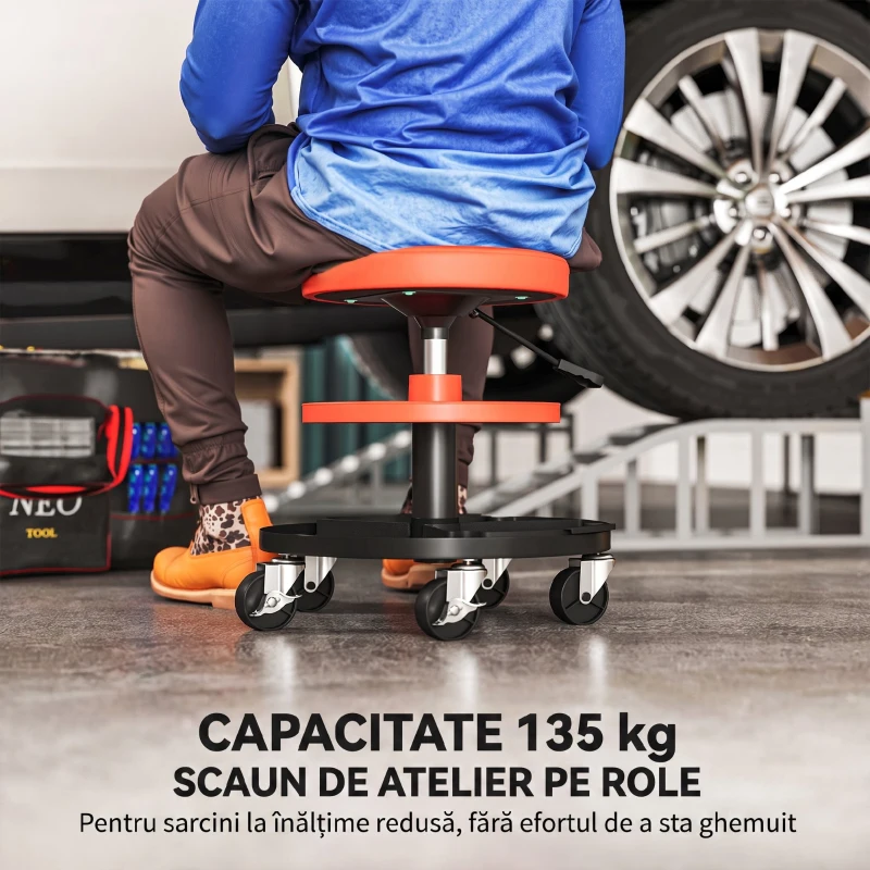 HOMCOM Taburet de Atelier cu Roți Ø6 cm, Capacitate până la 135 kg, Înălțime Reglabilă 40-51 cm, cu Tăvi pentru Unelte, Portocaliu