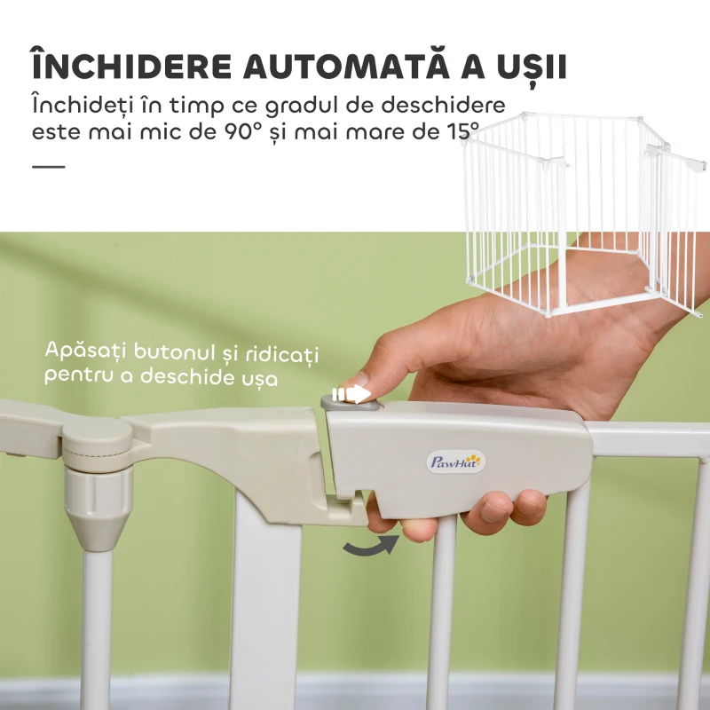 PawHut Poartă pentru câini reglabilă și pliabilă, cu închidere automată și sistem de blocare, 300x74,5 cm, alb