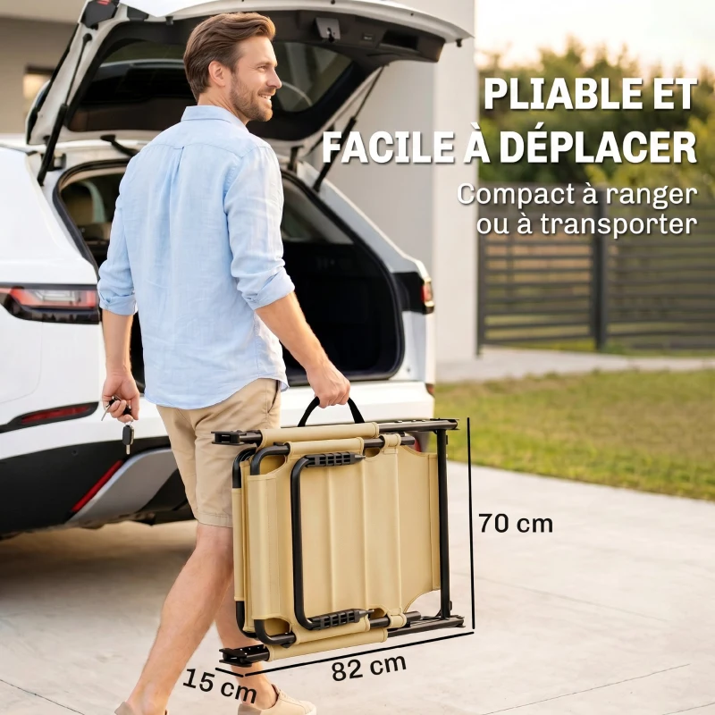 Outsunny Bain de soleil chaise longue pliante avec pare-soleil, appuie-tête inclinable en tissu Oxford 70 x 200 x 45 cm crème