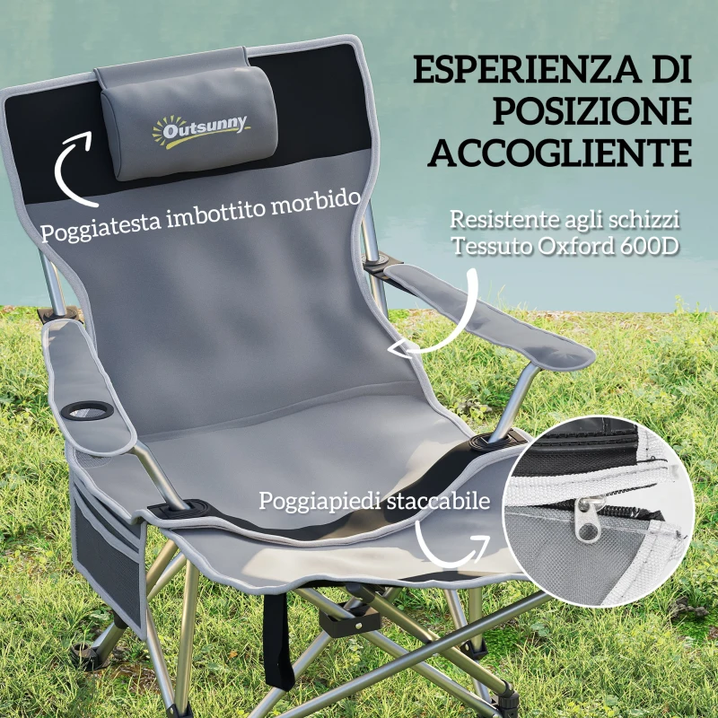 Outsunny Sedia da Campeggio Pieghevole con Poggiapiedi Staccabile, Portabicchieri e Tasca Laterale, 82x100x88 cm, Grigio