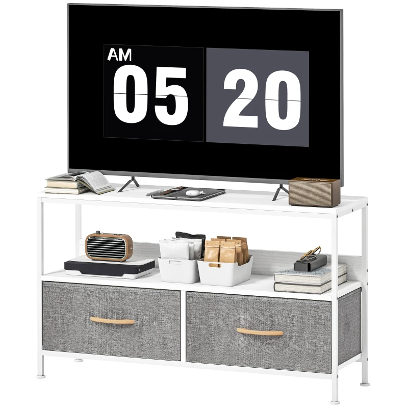 HOMCOM Mueble de TV con Estante y 2 Cajones de Tela Plegables para Televisores hasta 47 Pulgadas Largo de 98 cm Blanco y Gris