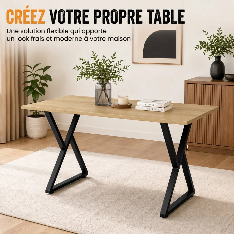HOMCOM Pieds de table en acier, 60 x 72 cm, lot de 2 pieds de bureau en forme X avec patins réglables et vis, noir