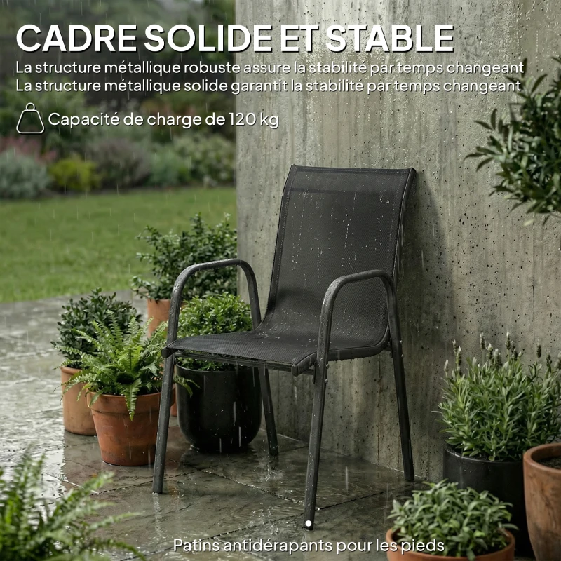 Outsunny Lot de 4 Chaises de Jardin Extérieures, Chaise de Salle à Manger Empilables avec Accoudoirs et Dossier Haut, Noir