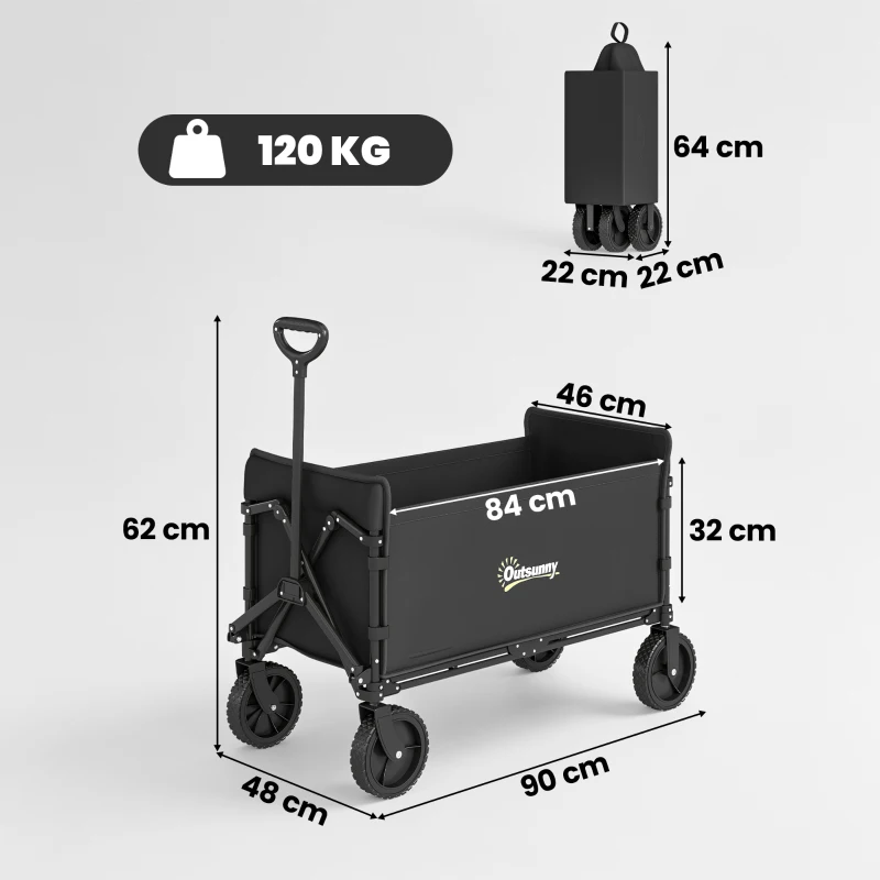 Outsunny Carrello da Giardino da 180L Pieghevole con Pannello Apribile, in Acciaio e Poliestere, 90x48x62 cm, Nero