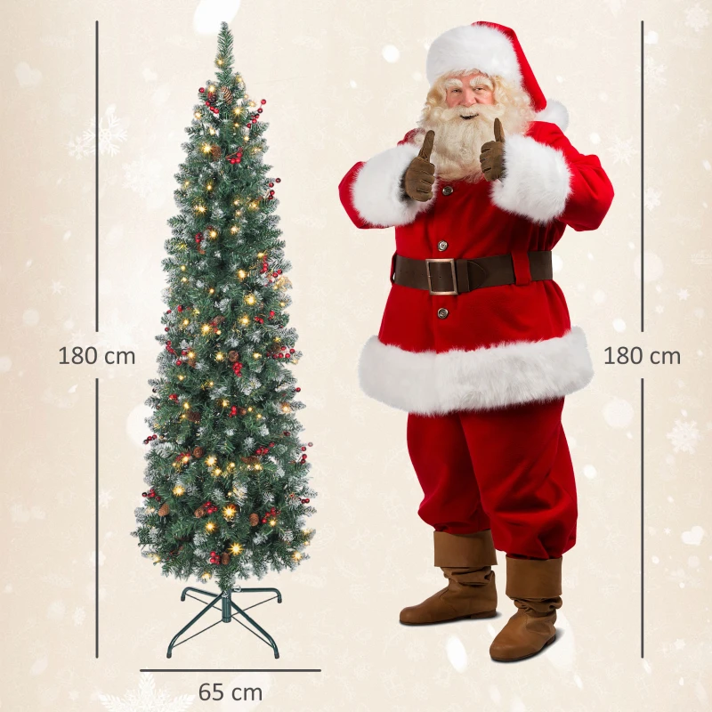 HOMCOM Albero di Natale Illuminato con 200 Luci LED, 42 Pigne e 42 Grappoli di Bacche, Ø65x180 cm, Verde e Argento