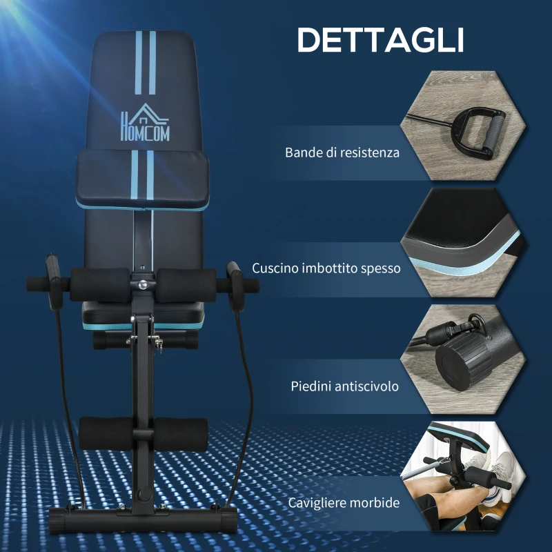 HOMCOM Panca Multifunzione Pieghevole con Schienale Regolabile a 7 Livelli, Leg Extension, Cuscinetto ed Elastici, Blu