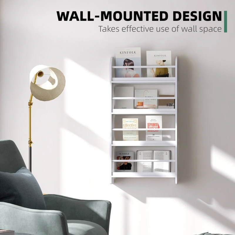 HOMCOM Bookcase, 4 Tier Wall Mounted Bookshelf, 15cm Depth Storage Shelving Rack for Bedroom Nursery Office Home, Accessories Supplies, White