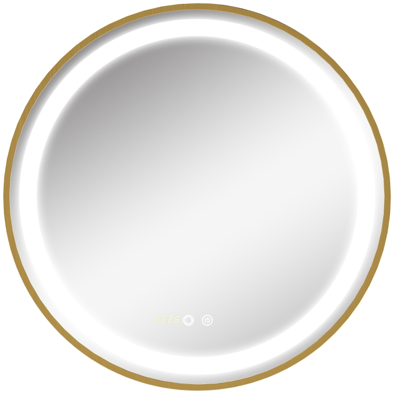 kleankin Espejo de Baño con Luz LED Táctil Función de Memoria Brillo y Color Ajustable y Reloj Ø60x4 cm Dorado