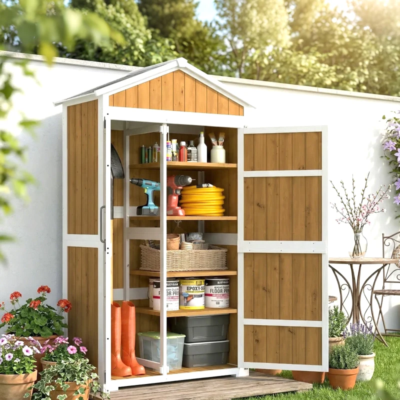 Outsunny Armoire de Jardin Abri de Jardin Étanche avec Toit en Métal Double Porte pour Outils de Jardinage 105x55x179cm Naturel