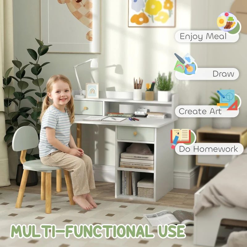 AIYAPLAY Two-Piece Children Study Table with Hutch, Kids Desk and Chair Set with Storage, Drawer, Shelves, Green