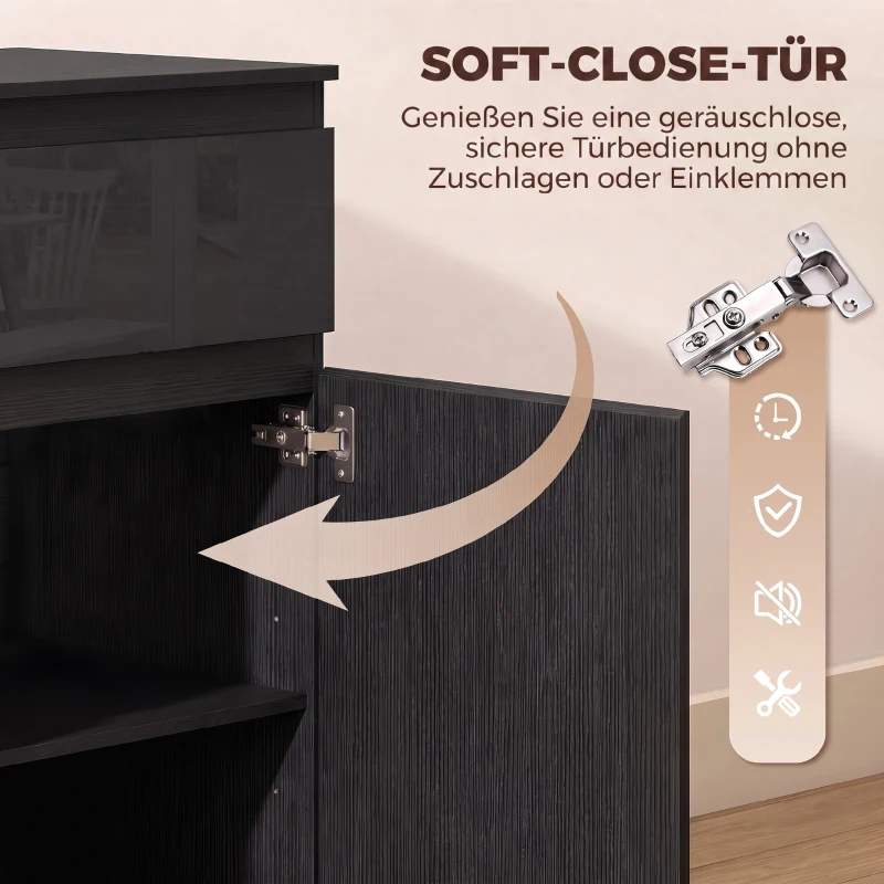HOMCOM Modernes Sideboard, Stauraum-Sideboard mit 5 Schubladen, verstellbarem Regal, Soft-Close-Tür, Schwarz Hochglanz