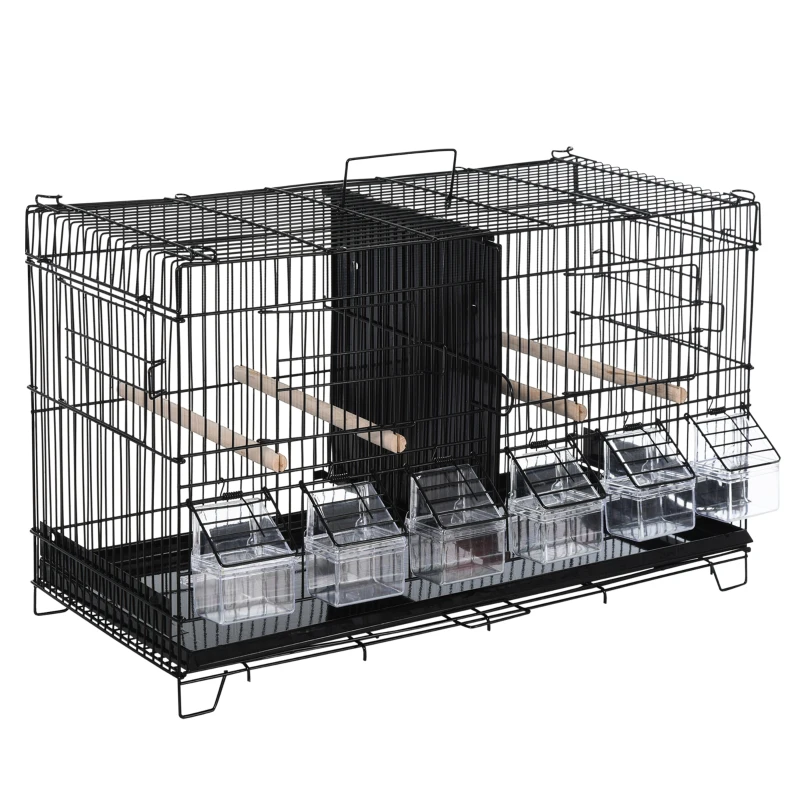 PawHut Cage à oiseaux dim. 59,5L x 26,5I x 39,5H cm mangeoires perchoirs 4 portes plateau excrément amovible + poignée transport métal PP noir