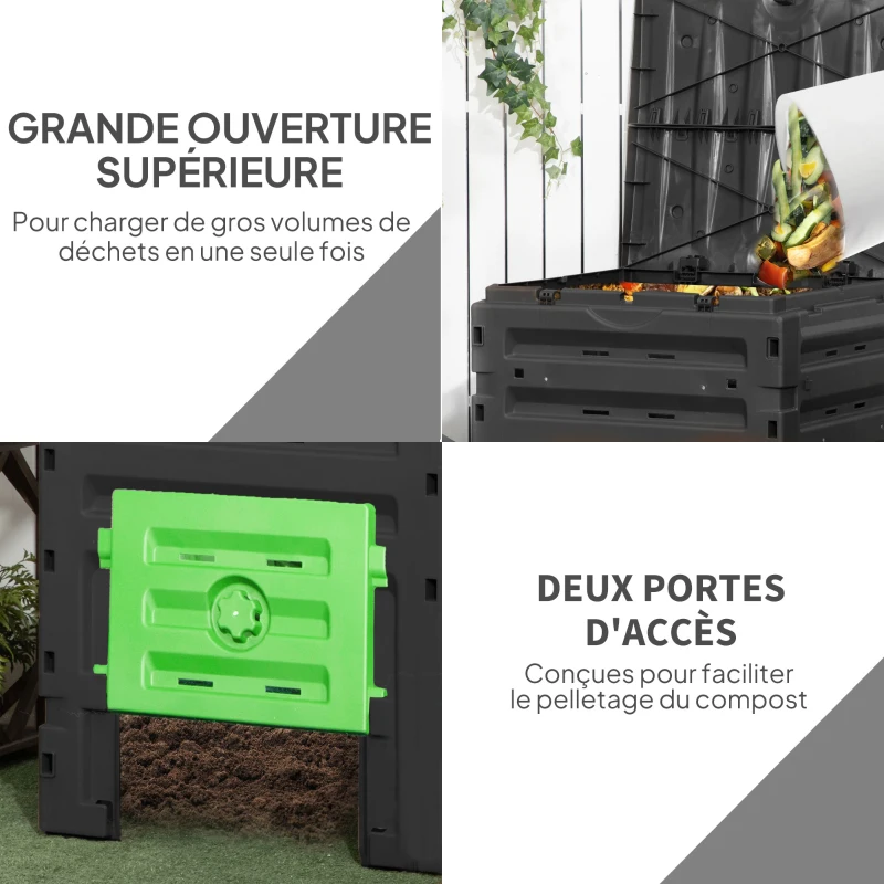 Outsunny Composteur de jardin 450 L, bac composteur pour jardin, 80 aérations et 2 portes coulissantes, 69 x 71 x 103 cm, noir