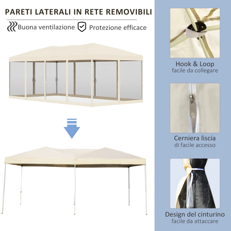 Outsunny Gazebo da Giardino 3x6 m Pieghevole e Impermeabile con Zanzariera e Borsa da Trasporto Inclusa, Beige