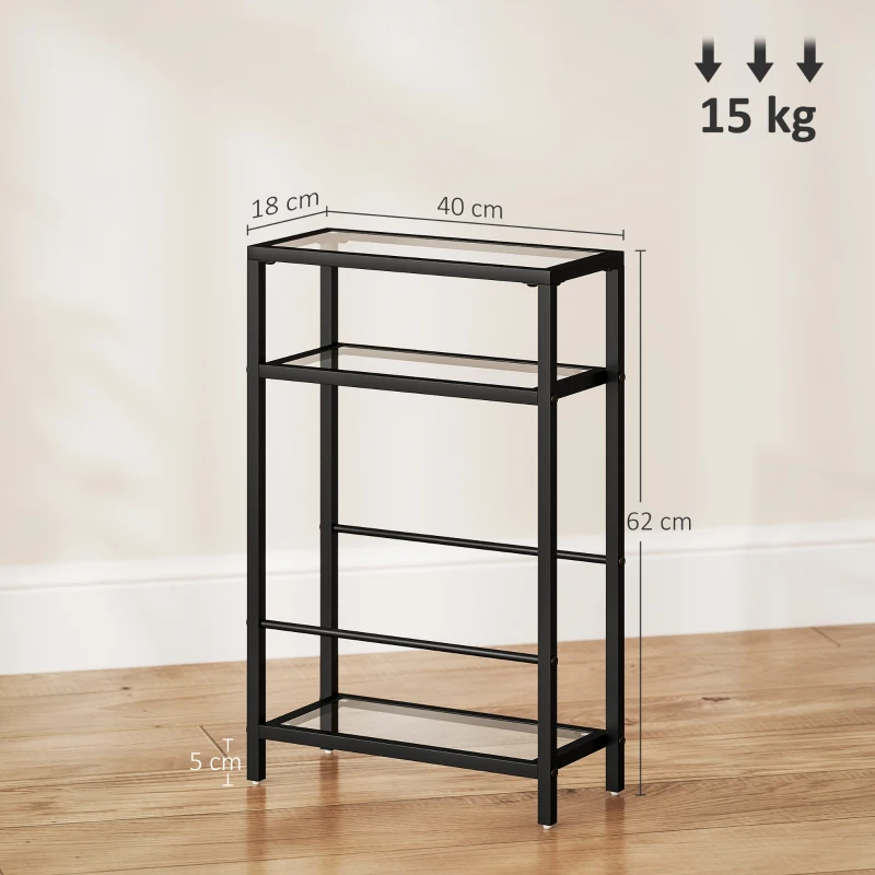 HOMCOM Tavolino da Salotto a 3 Ripiani Compatto in Vetro e Acciaio, 40x18x62 cm, Nero