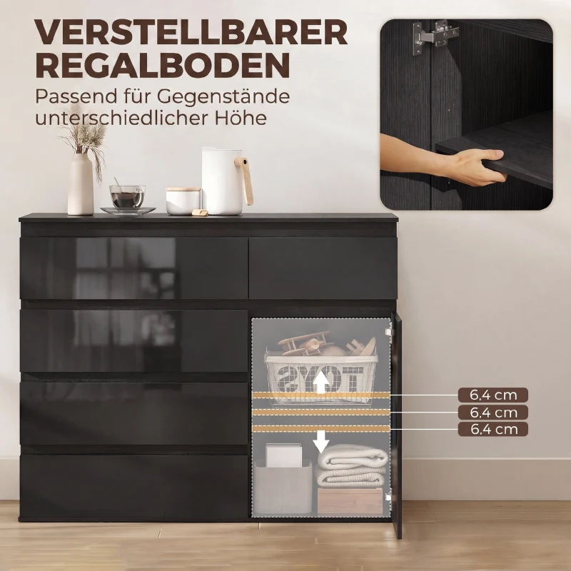HOMCOM Modernes Sideboard, Stauraum-Sideboard mit 5 Schubladen, verstellbarem Regal, Soft-Close-Tür, Schwarz Hochglanz